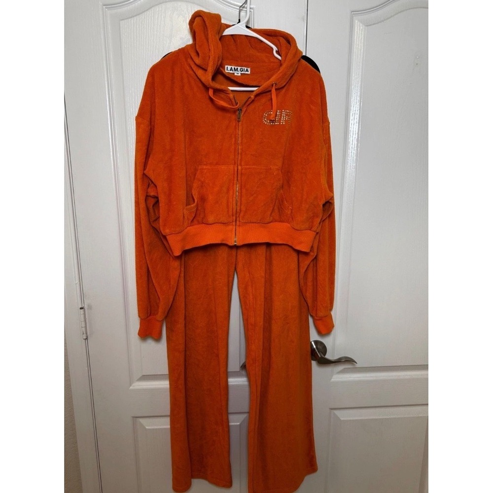 I.AM.GIA Orange Terry Cloth Tracksuit Set Rhinestone Logo Hoodie Pants Medium